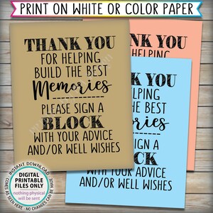 Thank You for Helping Build the Best Memories, Sign a Block with Advice, Graduation or Retirement Party, PRINTABLE 8x10 B&W Sign ID image 3
