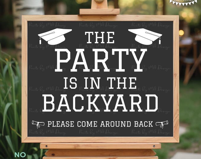 Graduation Party is in the Backyard, Please Come Around Back, Go Around to the Grad Party, PRINTABLE 8x10/16x20” White and Gray Sign <ID>