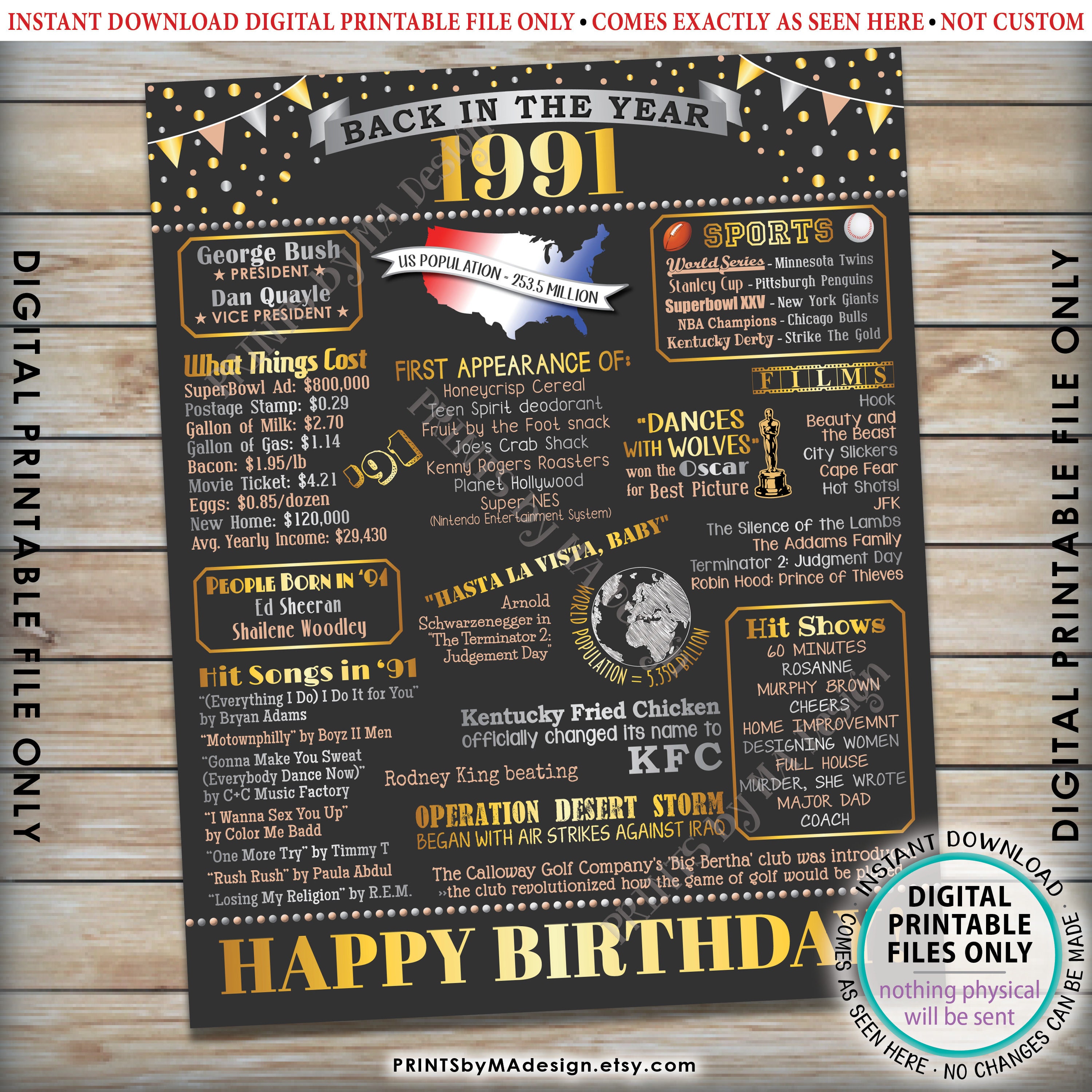 Back in the Year 1991 Birthday Sign, Flashback to 1991 Poster Board