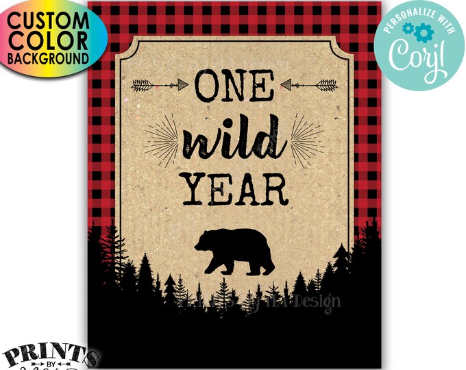 One Wild Year Lumberjack First Birthday Party Decor, PRINTABLE 8x10/16x20” 1st B-day Buffalo Plaid Table Sign <Edit Color Yourself w/Corjl>