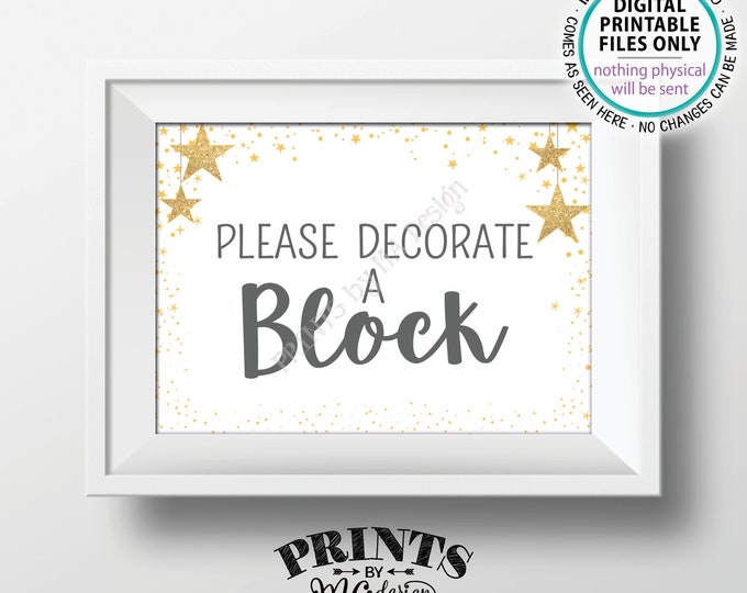 Baby Shower Sign, Please Decorate a Block, Color a Block Sign a Baby Blocks Sign, Twinkle Stars, Gray, PRINTABLE 5x7" Baby Shower Sign <ID>