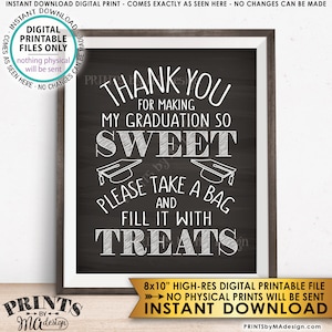 May include: A framed digital print with a chalkboard-style background. The white text reads "Thank You for Making My Graduation So Sweet. Please Take a Bag and Fill it with Treats." Includes graduation cap illustrations. Measures 8x10 inches.