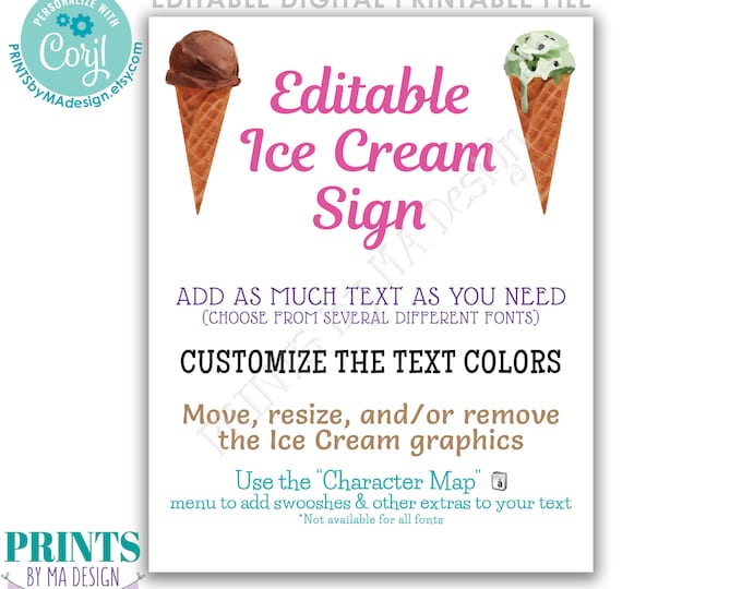 Editable Ice Cream Sign, Custom Choose Text, Ice Cream Bar Flavors & Toppings , PRINTABLE 8x10/16x20” Ice Cream Sign <Edit Yourself w/Corjl>