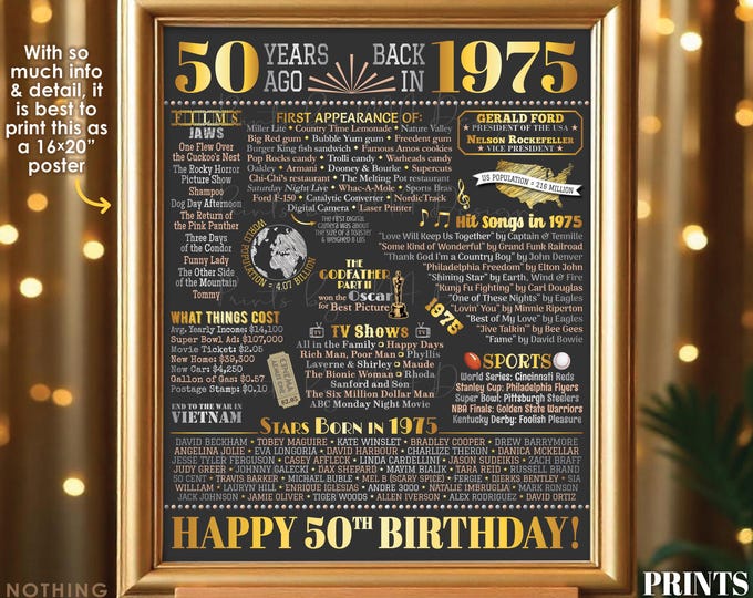 Back in the Year 1975 Birthday Sign, 50th Birthday Poster Board, Flashback 50 Years Ago B-day Gift, PRINTABLE 16x20” Born in 1975 Sign <ID>