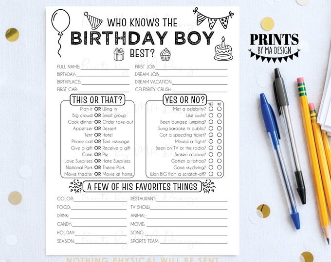Birthday Party Game, Who Knows the Birthday Boy the Best, How Well do you Know Him B-day Trivia, Digital PRINTABLE 8.5x11” File <ID>