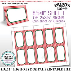 Christmas Party Labels, Red & White Stripe Candy Cane Table Tents, Buffet Food Signs, PRINTABLE 8.5x11” Sheet of Ten 2x3.5" Cards <ID>