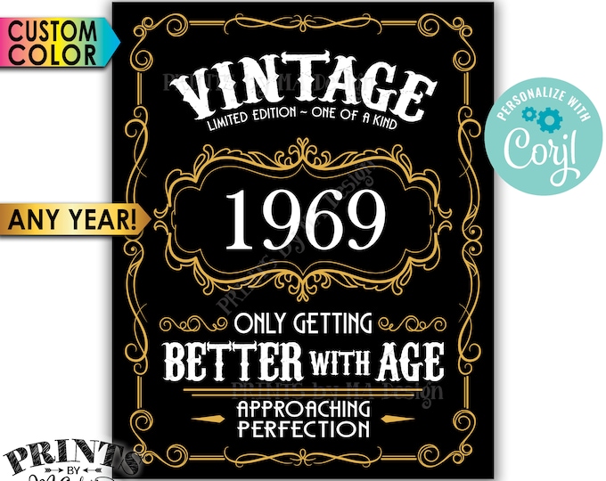 Vintage Birthday Sign, Better with Age Liquor Themed Party, Custom Year & Color, PRINTABLE 8x10/16x20” Sign <Edit Yourself with Corjl>