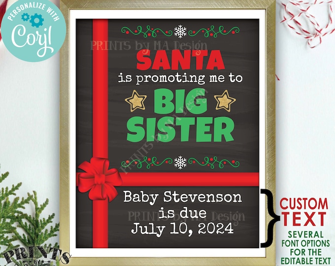Christmas Pregnancy Announcement, Santa is Promoting me to Big Sister, PRINTABLE 8x10/16x20” Baby Number 2 Sign <Edit Yourself with Corjl>