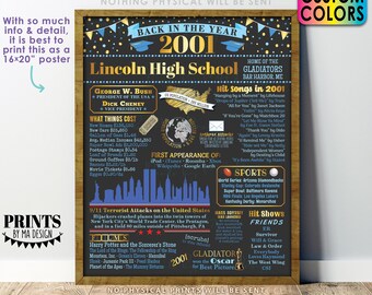 Back in the Year 2001 Poster Board, Class of 2001 Reunion Decoration, Flashback to 2001 Graduating Class, Custom PRINTABLE 16x20” Sign