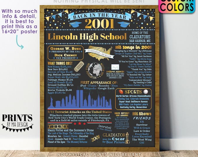 Back in the Year 2001 Poster Board, Class of 2001 Reunion Decoration, Flashback to 2001 Graduating Class, Custom PRINTABLE 16x20” Sign