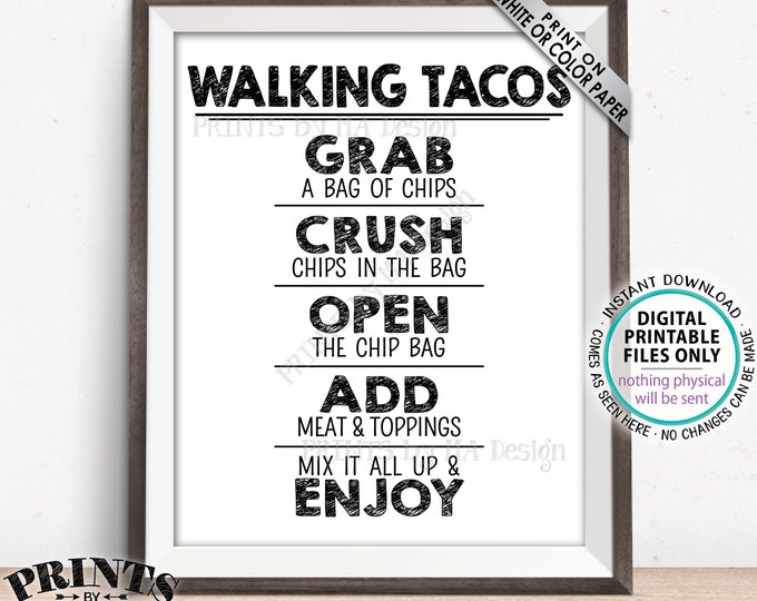 Walking Tacos Sign, Taco Bar Fiesta, Cinco de Mayo Celebration, Wedding Tacos, PRINTABLE 8x10/16x20” Tacos Sign <ID>