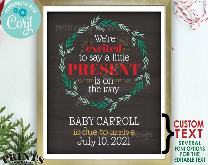 Christmas Pregnancy Announcement, Little Present on the Way, Xmas Wreath, PRINTABLE 8x10/16x20” Baby Reveal Sign <Edit Yourself with Corjl>