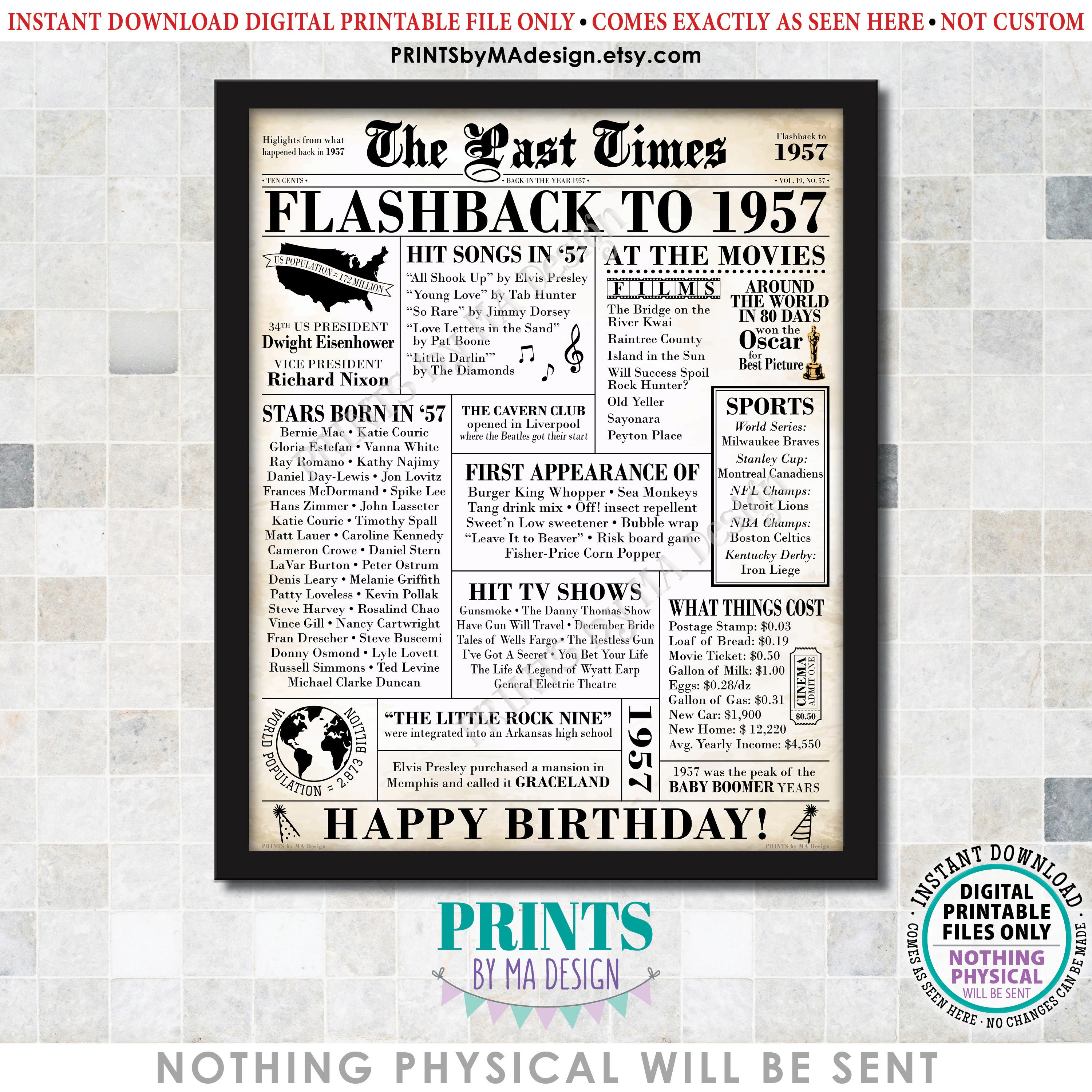 Flashback to 1957 Newspaper, Back in the Year '57 B-day Gift, Bday ...
