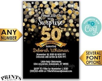 Surprise Birthday Party Invitation, Black & Gold Glitter Birthday Invite, PRINTABLE 5x7" Golden Bday Invite <Edit Yourself with Corjl>