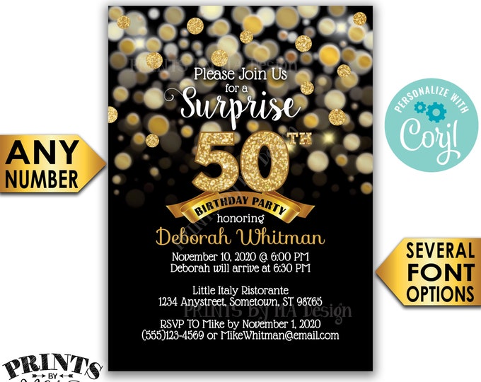 Surprise Birthday Party Invitation, Black & Gold Glitter Birthday Invite, PRINTABLE 5x7" Golden Bday Invite <Edit Yourself with Corjl>