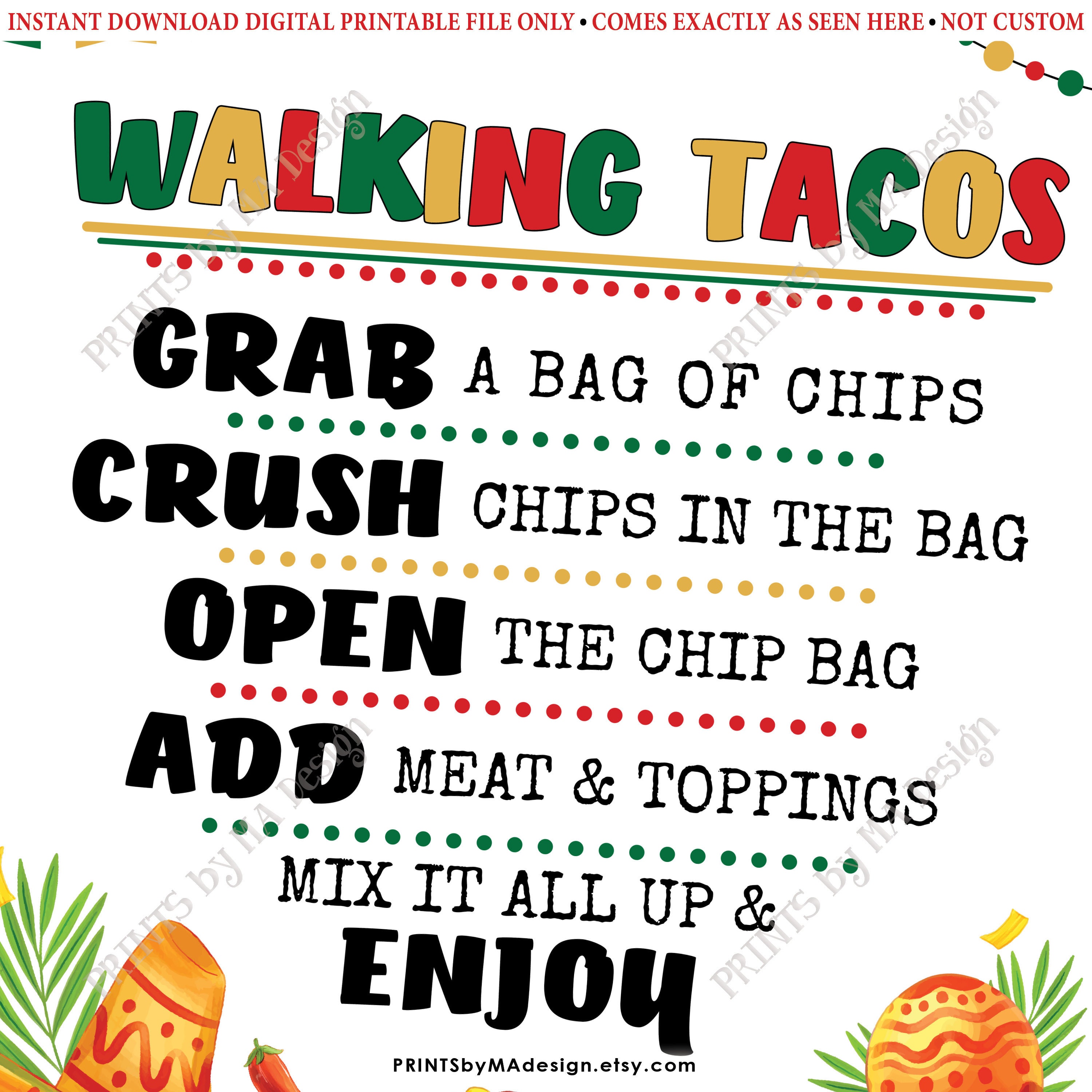 Walking Tacos Sign Taco Bar Display Cinco De Mayo Mexican Fiesta Menu PRINTABLE 8x10 16x20