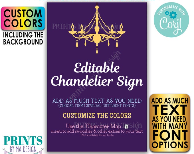 Editable Chandelier Sign, Birthday, Wedding, One Custom PRINTABLE 24x36” Portrait Sign, Choose Your Text & Colors <Edit Yourself with Corjl>