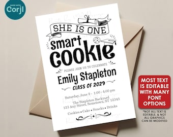 She is One Smart Cookie Graduation Party Invitation, Black & White PRINTABLE 5x7" Grad Invite, Girl Graduate <Edit Yourself with Corjl>