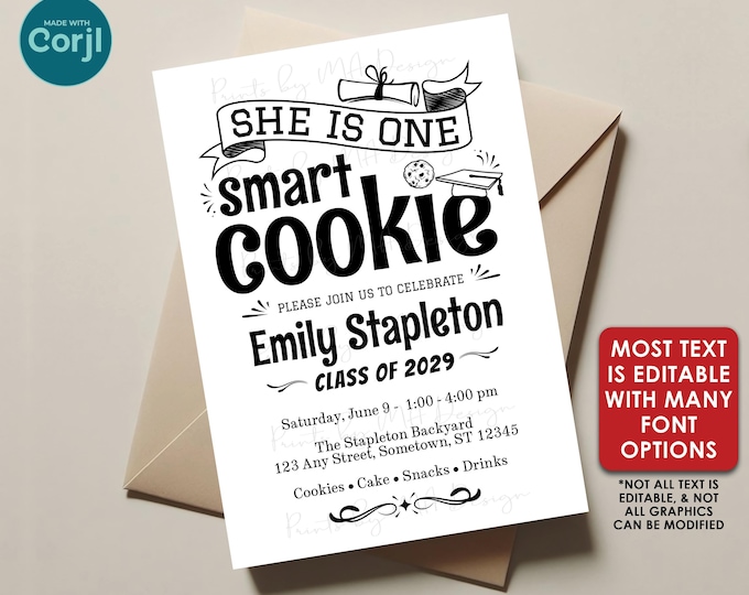 She is One Smart Cookie Graduation Party Invitation, Black & White PRINTABLE 5x7" Grad Invite, Girl Graduate <Edit Yourself with Corjl>