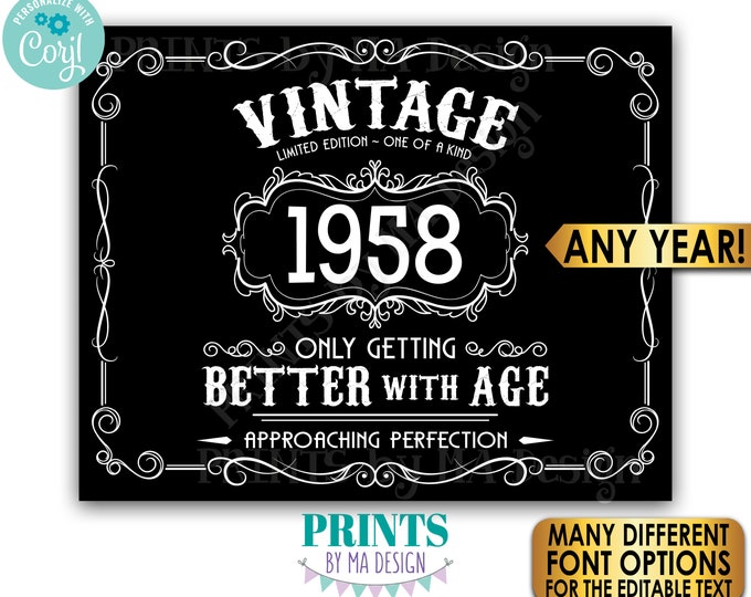 Vintage Better with Age Birthday Party, Custom Year, Liquor Whiskey, PRINTABLE 8x10/16x20” Landscape B&W Sign <Edit Yourself with Corjl>