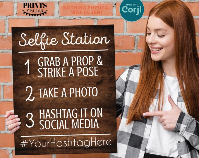Editable Selfie Station Sign, Share on Social Media, All Text Custom, PRINTABLE 8x10/16x20” Rustic Wood Style Sign <Edit Yourself w/Corjl>