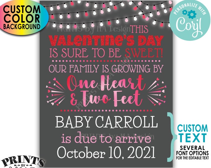Valentine's Day Pregnancy Announcement, Our family is growing by One Heart & Two Feet, PRINTABLE 8x10/16x20” Sign <Edit Yourself with Corjl>