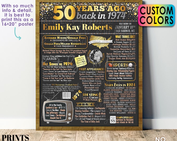 50th Birthday Poster Board, Born in 1974 Flashback 50 Years Ago B-day Gift, Custom PRINTABLE 16x20” Back in 1974 Sign