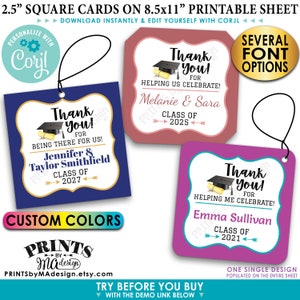 Graduation Party Favors Tags, Klasse der Dankeskarten, quadratische 2,5-Zoll-Karten, digitale DRUCKBARE 8,5x11-Zoll-Datei <Bearbeiten Sie sich mit Corjl>
