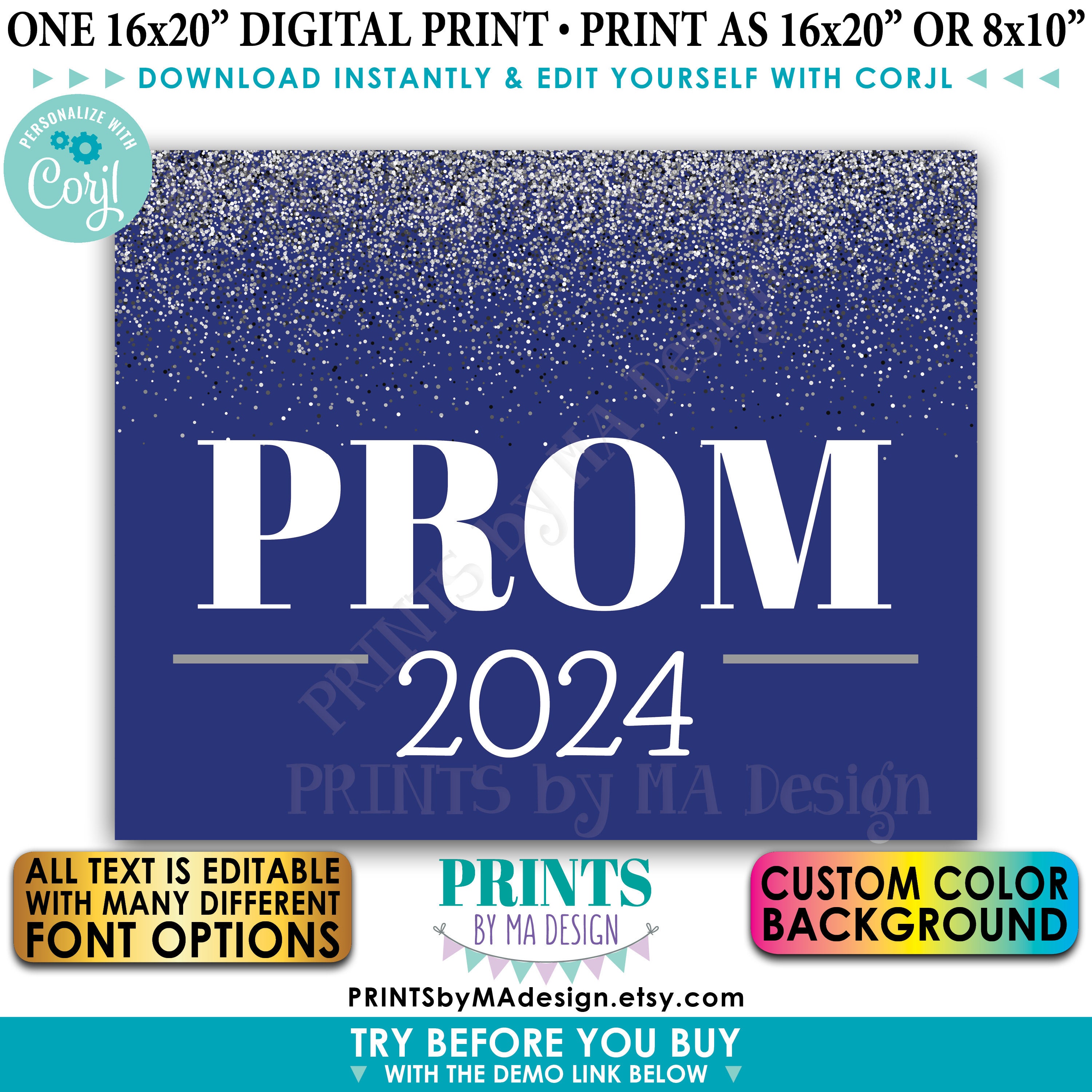 Prom Sign, Custom Text & Background Color, Silver Glitter, PRINTABLE