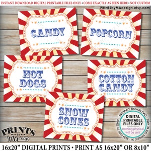 Carnival Food Signs, Popcorn, Cotton Candy, Hot Dogs, Candy, Snow Cones, Circus Party, PRINTABLE 8x10/16x20” Carnival Theme Food Signs <ID>