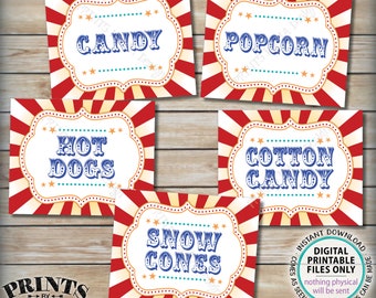 Carnival Food Signs, Popcorn, Cotton Candy, Hot Dogs, Candy, Snow Cones, Circus Party, PRINTABLE 8x10/16x20” Carnival Theme Food Signs <ID>