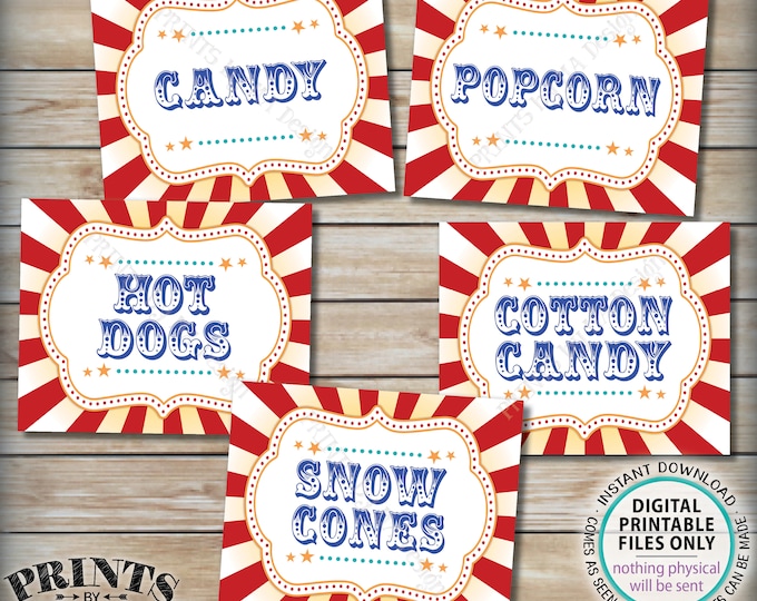 Carnival Food Signs, Popcorn, Cotton Candy, Hot Dogs, Candy, Snow Cones, Circus Party, PRINTABLE 8x10/16x20” Carnival Theme Food Signs <ID>