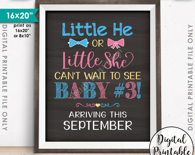 Pregnancy Announcement Sign, Little He or Little She Can't Wait to See Baby #3, SEPTEMBER dated Chalkboard Style PRINTABLE Baby Reveal <ID>