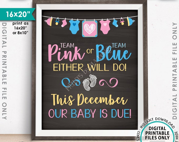 Pregnancy Announcement, Team Pink or Blue Either Will Do, Our Baby is Due DECEMBER, Chalkboard Style PRINTABLE 16x20” Baby Reveal Sign <ID>