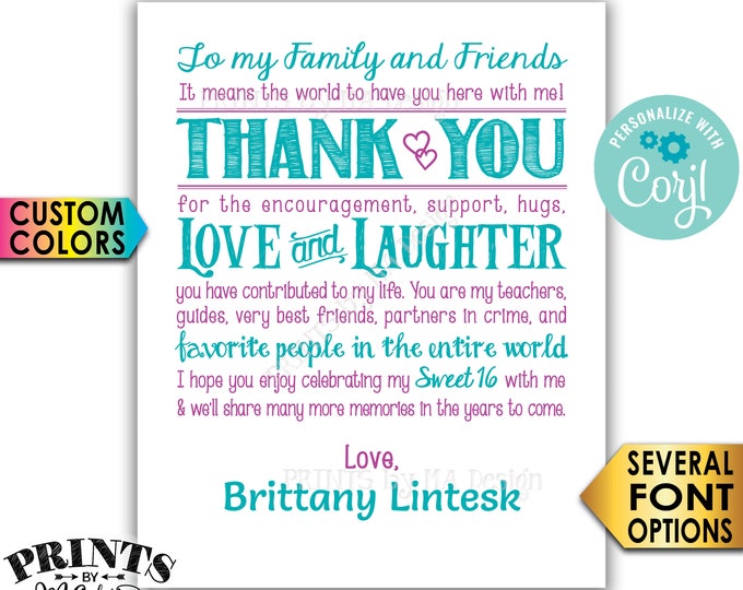 Sweet 16 Thank You Sign, Sweet Sixteen Birthday Party, PRINTABLE 8x10/16x20” 16th Bday Sign <Edit Yourself with Corjl>