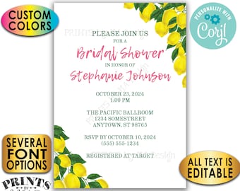 Lemon Bridal Shower Invitation, Tuscan Garden Party, Summer Wedding Shower, Custom 5x7" Digital Printable File <Edit Yourself with Corjl>
