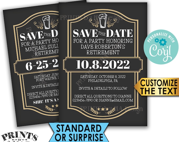 Cheers and Beers Retirement Party Save the Date, Beer Themed Celebration, PRINTABLE 5x7” Save the Date, Gold <Edit Yourself with Corjl>