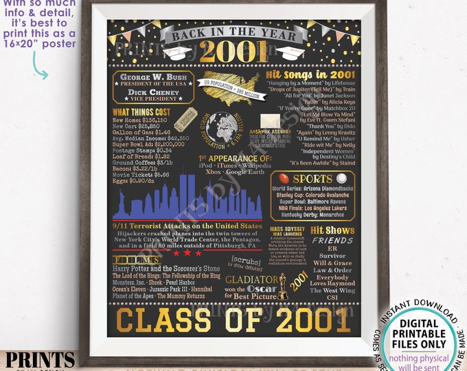 Class of 2001 Reunion Decoration, Back in the Year 2001 Poster Board, Flashback to 2001 High School Reunion, PRINTABLE 16x20” Sign <ID>