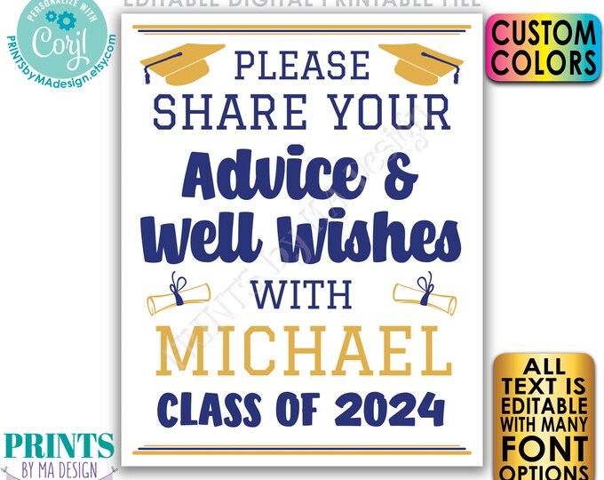 Advice and Well Wishes Graduation Decoration, High School or College Grad Party, Editable PRINTABLE 16x20” Sign <Edit Yourself w/Corjl>