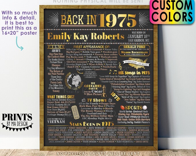 Back in 1975 Birthday Poster Board, Flashback to 1975 Birthday Decoration, B-day Gift, Custom PRINTABLE 16x20” 1975 Birthday Sign