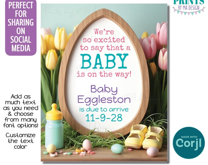 Editable Pregnancy Announcement, Easter Egg Frame, Spring Reveal, Personalize a Custom 8x10" Digital File <Edit Yourself w/Corjl>