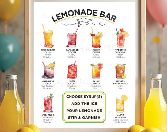 Graduation Party Lemonade Bar Menu, Lemonade Drink Station, Fruit Syrups, Grad Party Decoration, Digital PRINTABLE 8x10/16x20” Sign <ID>