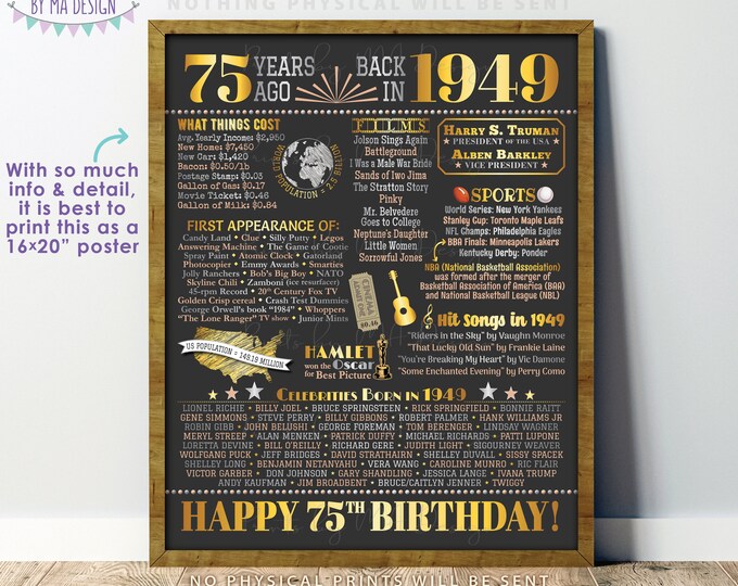 75th Birthday Poster Board, Back in the Year 1949 Flashback 75 Years Ago B-day Gift, PRINTABLE 16x20” Born in 1949 Sign <ID>