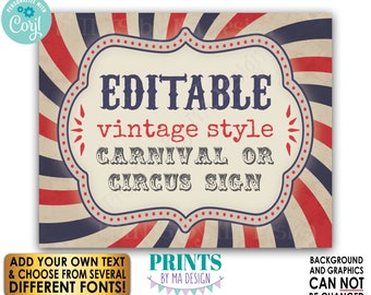 Vintage Style Circus or Carnival Sign, Festival, Birthday Party, One PRINTABLE 8x10/16x20” Landscape Sign <Edit Text Yourself w/Corjl>
