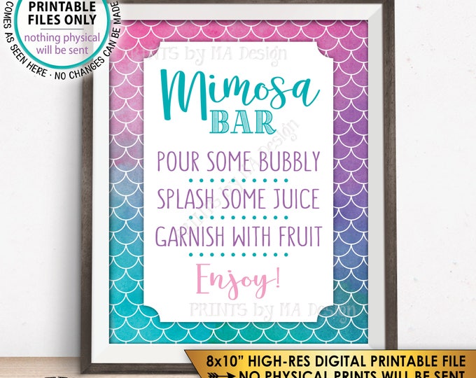 Mimosa Bar Sign, Bridal Shower Mimosa Sign, Baby Shower Mermaid Mimosa Bar, Under the Sea, PRINTABLE 8x10” Watercolor Style Sign <ID>