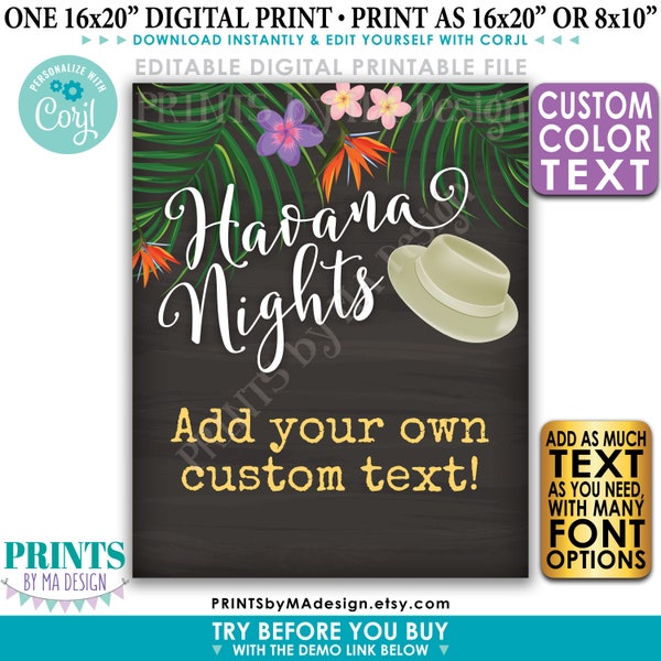 Editable Havana Nights Sign, Custom PRINTABLE 8x10/16x20” Chalkboard Style Sign, Palm Trees, Flowers, Fedora Hat <Edit Yourself with Corjl>