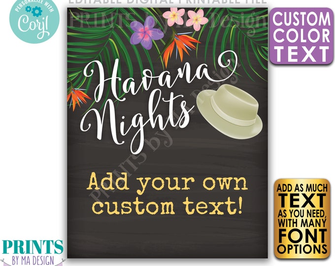 Editable Havana Nights Sign, Custom PRINTABLE 8x10/16x20” Chalkboard Style Sign, Palm Trees, Flowers, Fedora Hat <Edit Yourself with Corjl>