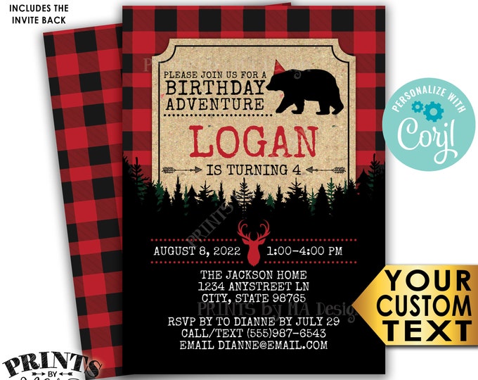 Lumberjack Birthday Invitation, Join Us for a B-day Adventure, PRINTABLE 5x7" Red & Black Checker Invite <Edit Yourself with Corjl>