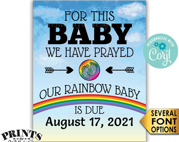 Rainbow Baby Pregnancy Announcement Reveal After Loss, We have Prayed, PRINTABLE 16x20" Watercolor Style Sign <Edit Yourself with Corjl>