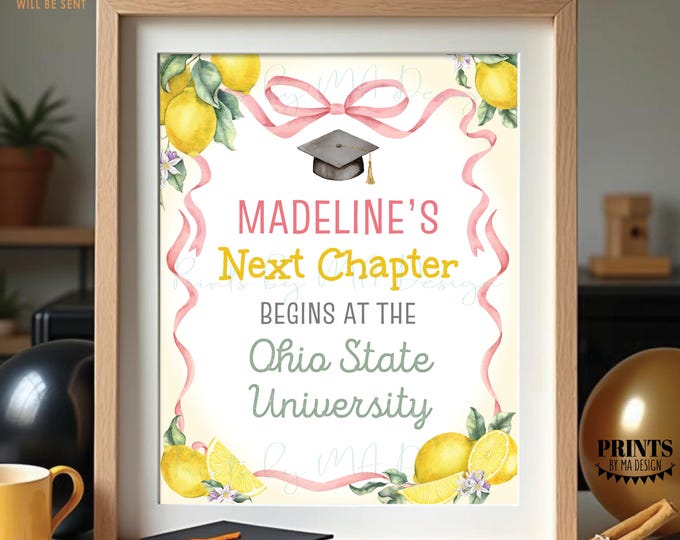Freshly Graduated High School Graduation Party Decoration, Next Chapter Begins at College Name, Custom PRINTABLE 8x10/16x20” Lemonade Sign
